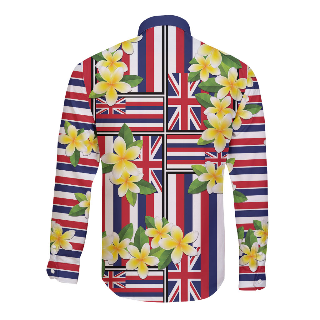 Hawaii Plumeria Lei Long Sleeve Button Shirt Hawaiian Flag Motif