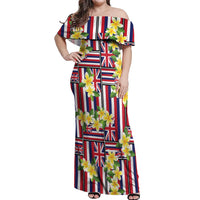 Hawaii Plumeria Lei Off Shoulder Maxi Dress Hawaiian Flag Motif