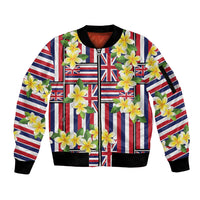 Hawaii Plumeria Lei Sleeve Zip Bomber Jacket Hawaiian Flag Motif