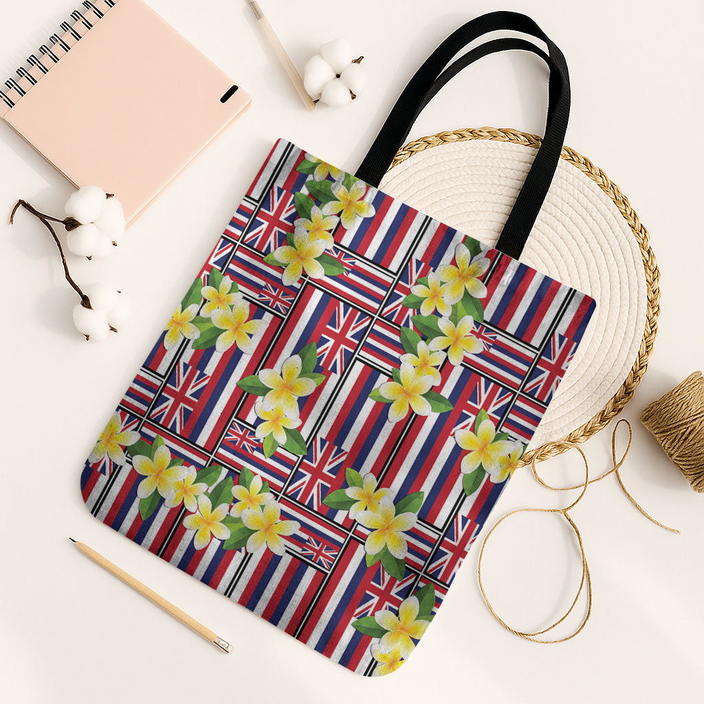 Hawaii Plumeria Lei Tote Bag Hawaiian Flag Motif LT9 Black Strap One Size Red - Polynesian Pride