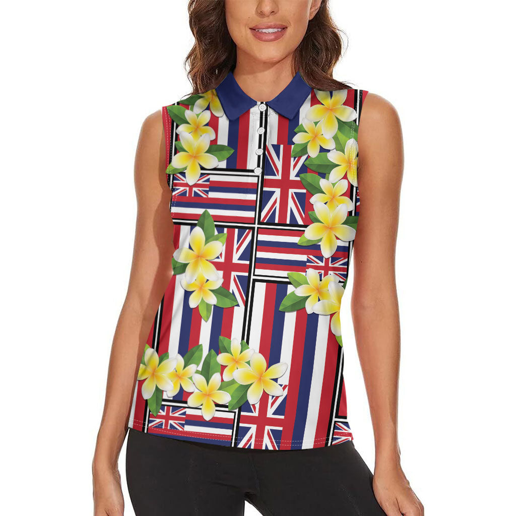Hawaii Plumeria Lei Women Sleeveless Polo Shirt Hawaiian Flag Motif