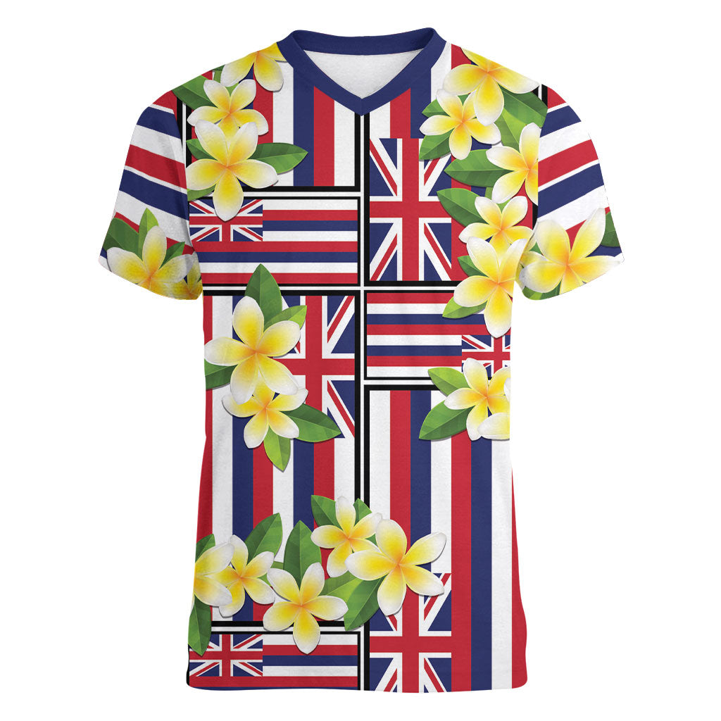 Hawaii Plumeria Lei Women V-Neck T-Shirt Hawaiian Flag Motif LT9 Female Red - Polynesian Pride