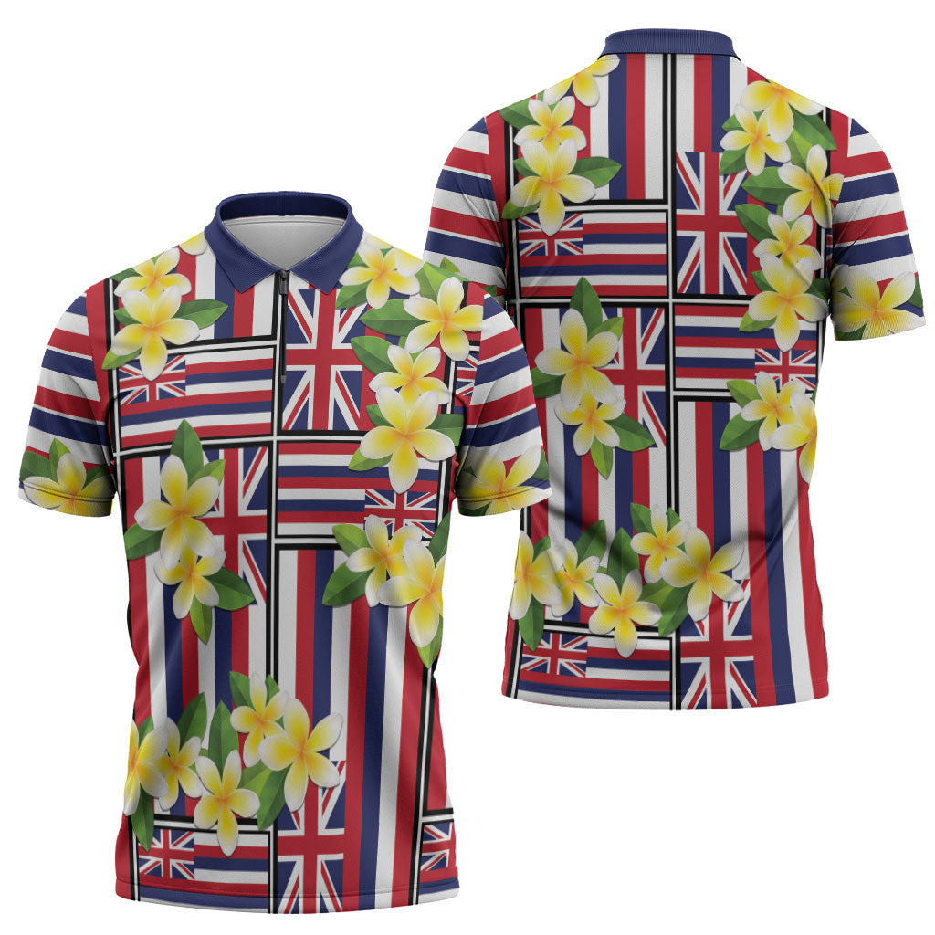 Hawaii Plumeria Lei Zipper Polo Shirt Hawaiian Flag Motif
