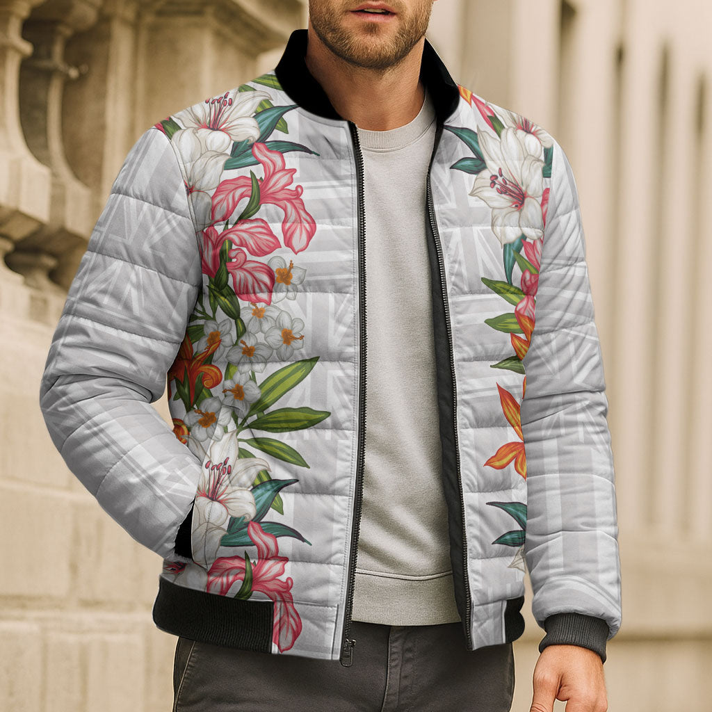 Hawaii Tropical Twist Lei Bomber Puffer Jacket Hawaiian Flag Motif