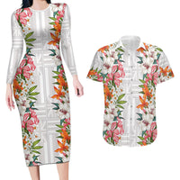 Hawaii Tropical Twist Lei Couples Matching Long Sleeve Bodycon Dress and Hawaiian Shirt Hawaiian Flag Motif