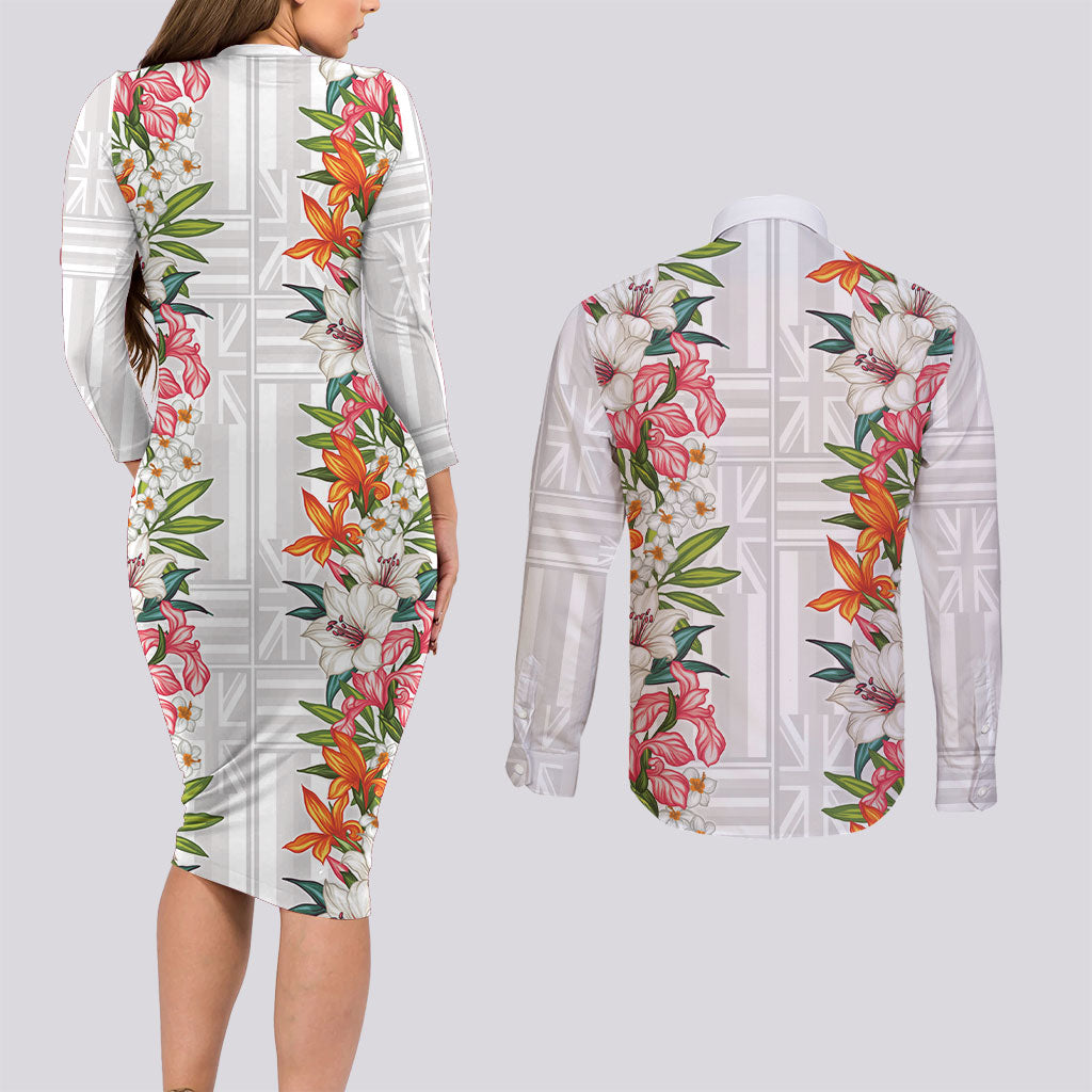Hawaii Tropical Twist Lei Couples Matching Long Sleeve Bodycon Dress and Long Sleeve Button Shirt Hawaiian Flag Motif