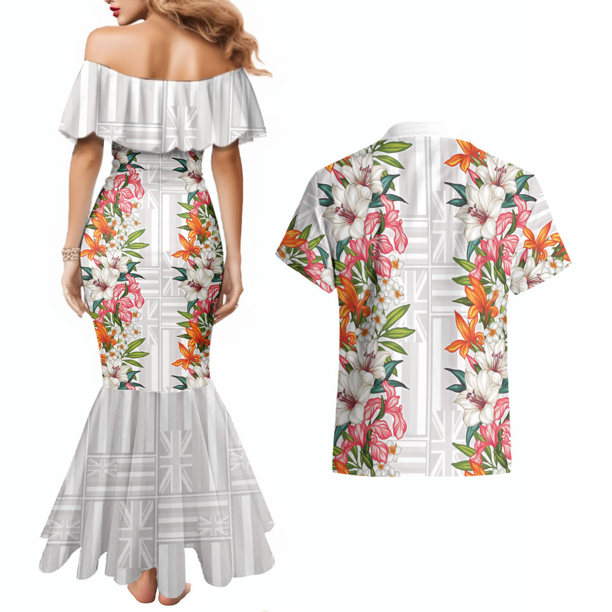 Hawaii Tropical Twist Lei Couples Matching Mermaid Dress and Hawaiian Shirt Hawaiian Flag Motif