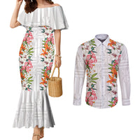 Hawaii Tropical Twist Lei Couples Matching Mermaid Dress and Long Sleeve Button Shirt Hawaiian Flag Motif