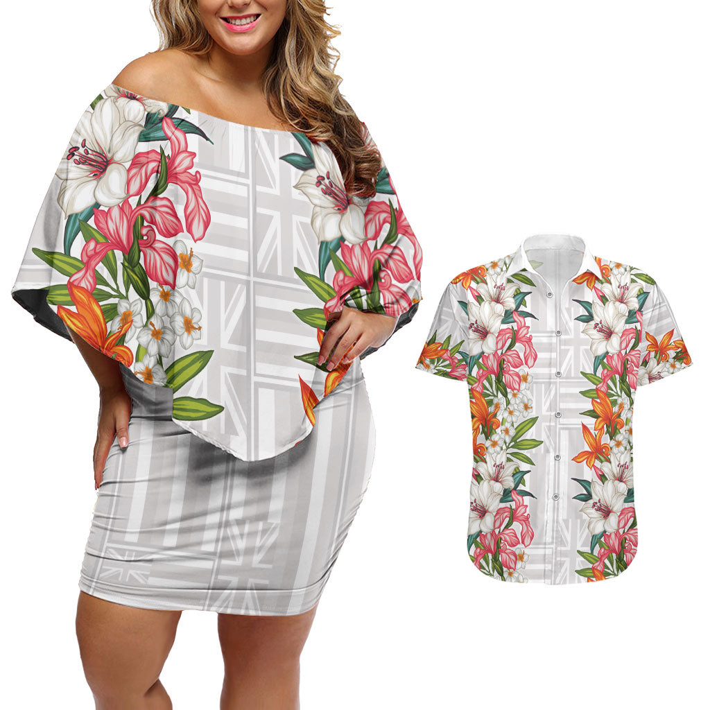 Hawaii Tropical Twist Lei Couples Matching Off Shoulder Short Dress and Hawaiian Shirt Hawaiian Flag Motif LT9 White - Polynesian Pride