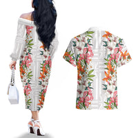 Hawaii Tropical Twist Lei Couples Matching Off The Shoulder Long Sleeve Dress and Hawaiian Shirt Hawaiian Flag Motif