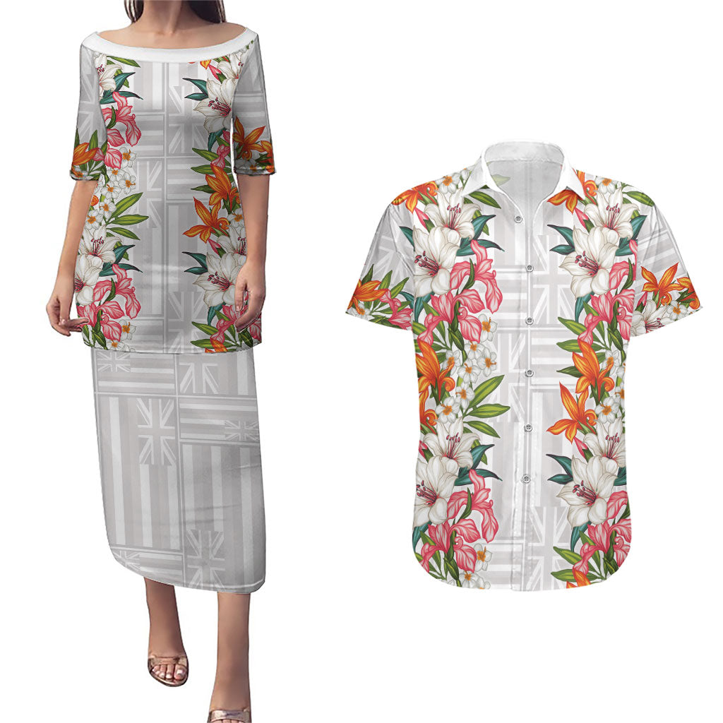 Hawaii Tropical Twist Lei Couples Matching Puletasi and Hawaiian Shirt Hawaiian Flag Motif