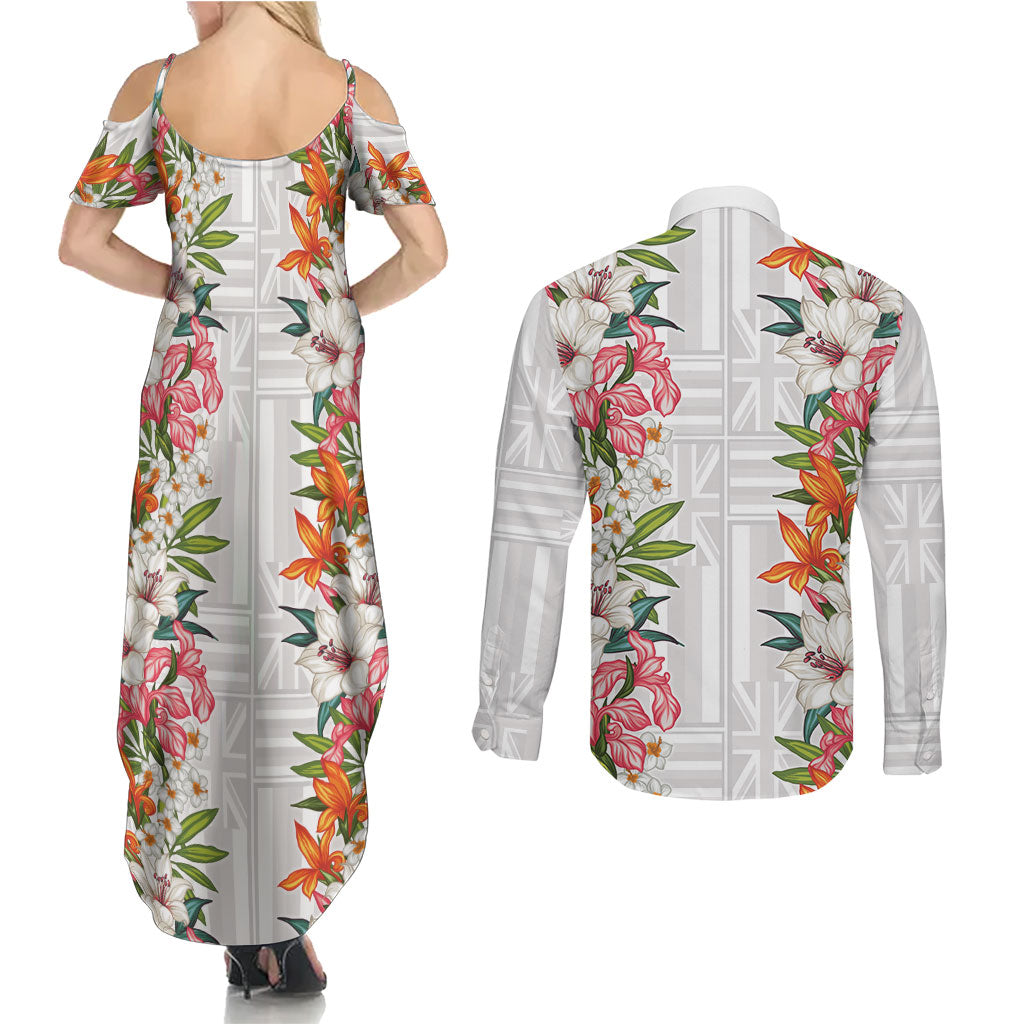 Hawaii Tropical Twist Lei Couples Matching Summer Maxi Dress and Long Sleeve Button Shirt Hawaiian Flag Motif