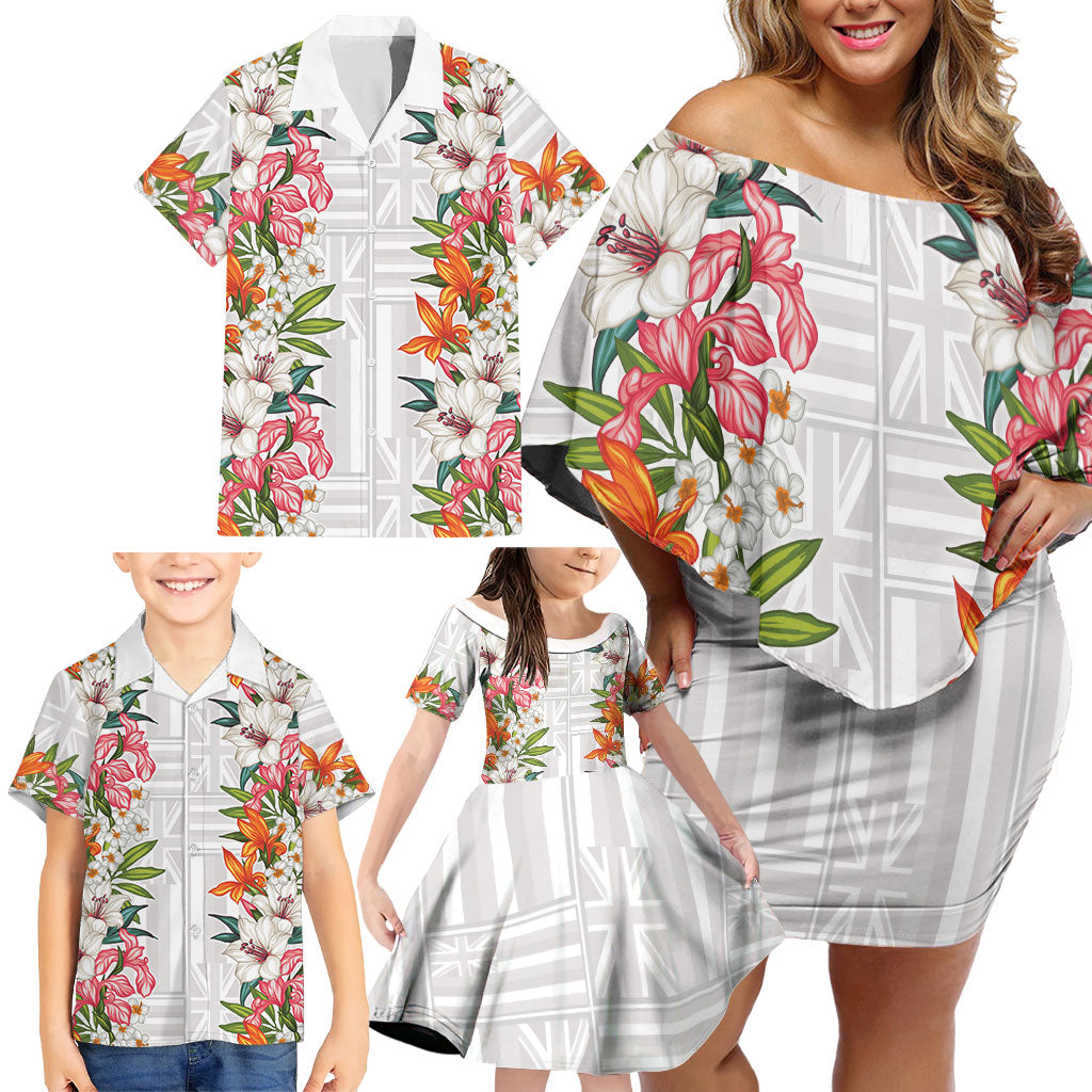 Hawaii Tropical Twist Lei Family Matching Off Shoulder Short Dress and Hawaiian Shirt Hawaiian Flag Motif LT9 - Polynesian Pride