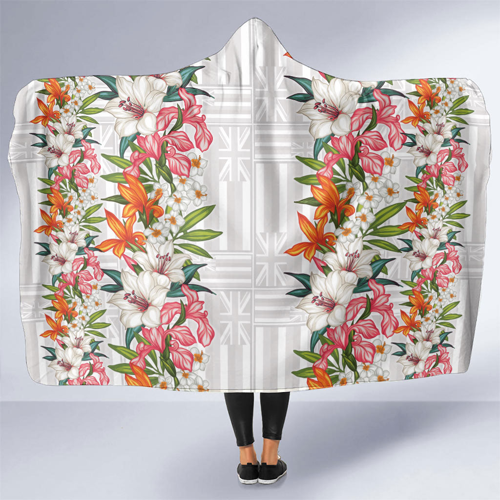 Hawaii Tropical Twist Lei Hooded Blanket Hawaiian Flag Motif LT9 One Size White - Polynesian Pride