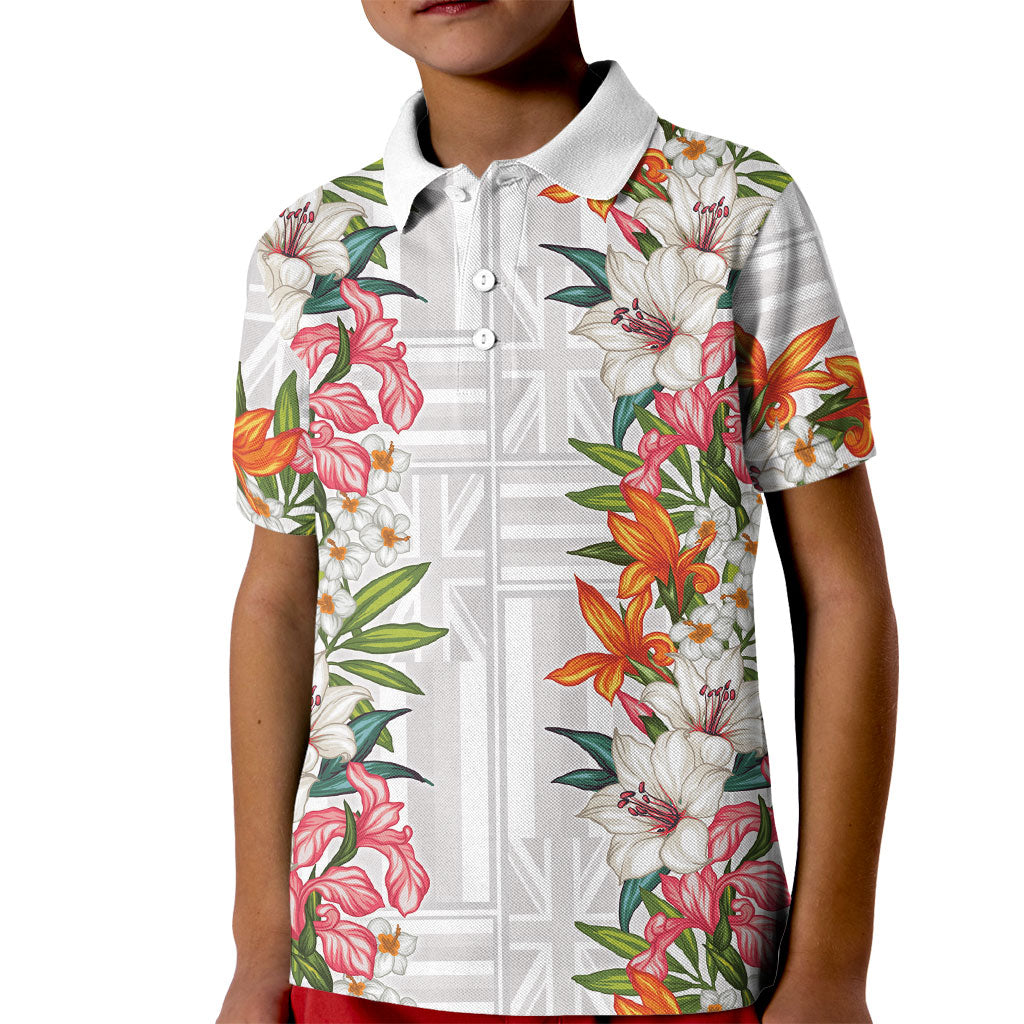 Hawaii Tropical Twist Lei Kid Polo Shirt Hawaiian Flag Motif LT9 Kid White - Polynesian Pride