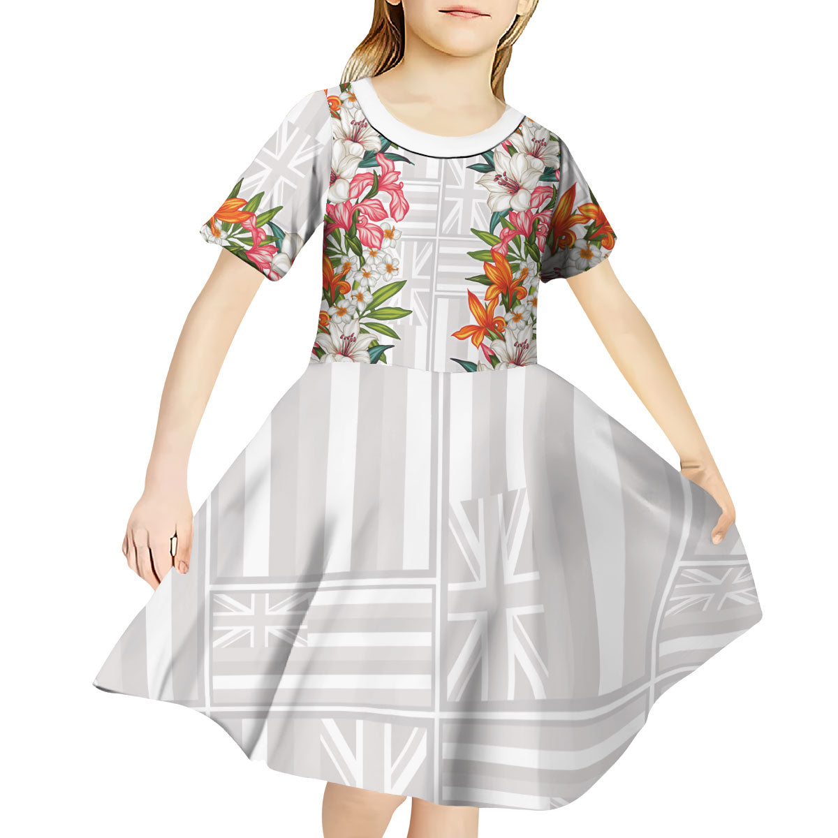 Hawaii Tropical Twist Lei Kid Short Sleeve Dress Hawaiian Flag Motif LT9 - Polynesian Pride