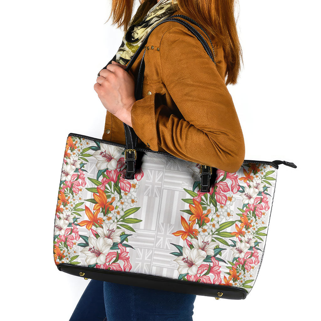 Hawaii Tropical Twist Lei Leather Tote Bag Hawaiian Flag Motif LT9 White - Polynesian Pride