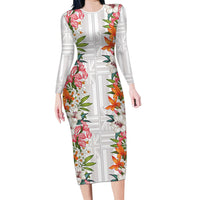 Hawaii Tropical Twist Lei Long Sleeve Bodycon Dress Hawaiian Flag Motif LT9 Long Dress White - Polynesian Pride