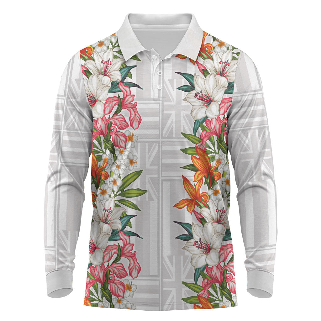 Hawaii Tropical Twist Lei Long Sleeve Polo Shirt Hawaiian Flag Motif LT9 White - Polynesian Pride