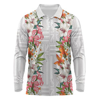 Hawaii Tropical Twist Lei Long Sleeve Polo Shirt Hawaiian Flag Motif LT9 White - Polynesian Pride