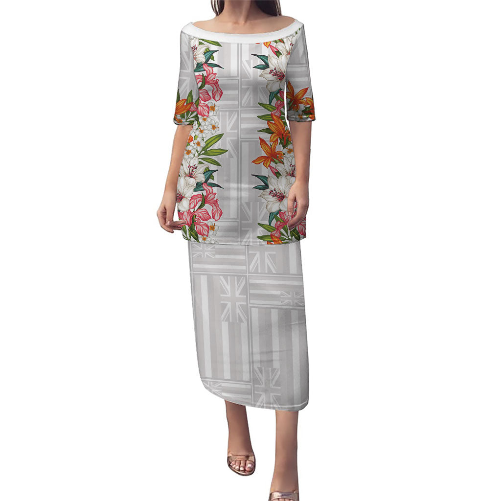 Hawaii Tropical Twist Lei Puletasi Hawaiian Flag Motif LT9 Long Dress White - Polynesian Pride