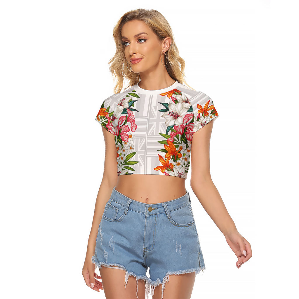 Hawaii Tropical Twist Lei Raglan Cropped T Shirt Hawaiian Flag Motif LT9 Female White - Polynesian Pride