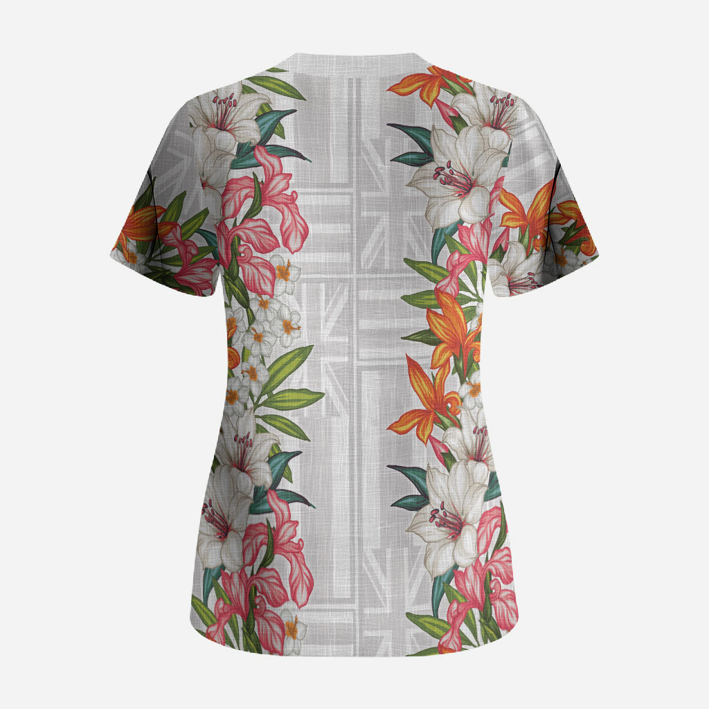 Hawaii Tropical Twist Lei Scrub Top Hawaiian Flag Motif
