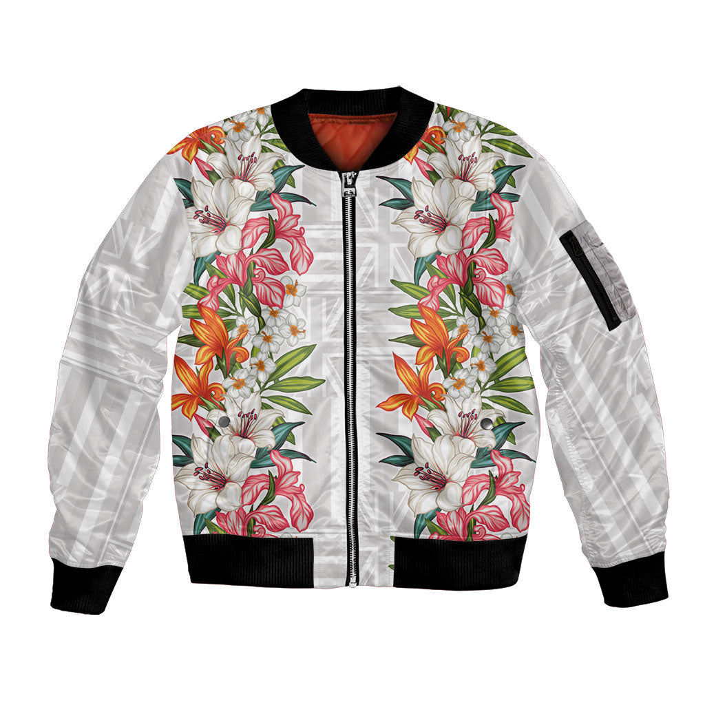 Hawaii Tropical Twist Lei Sleeve Zip Bomber Jacket Hawaiian Flag Motif LT9 Unisex White - Polynesian Pride