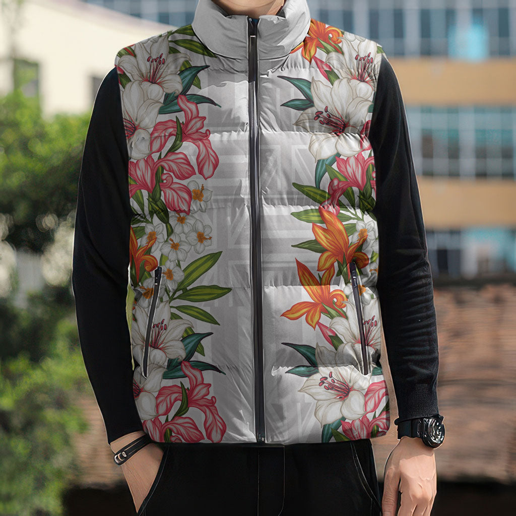 Hawaii Tropical Twist Lei Sleeveless Puffer Jacket Hawaiian Flag Motif