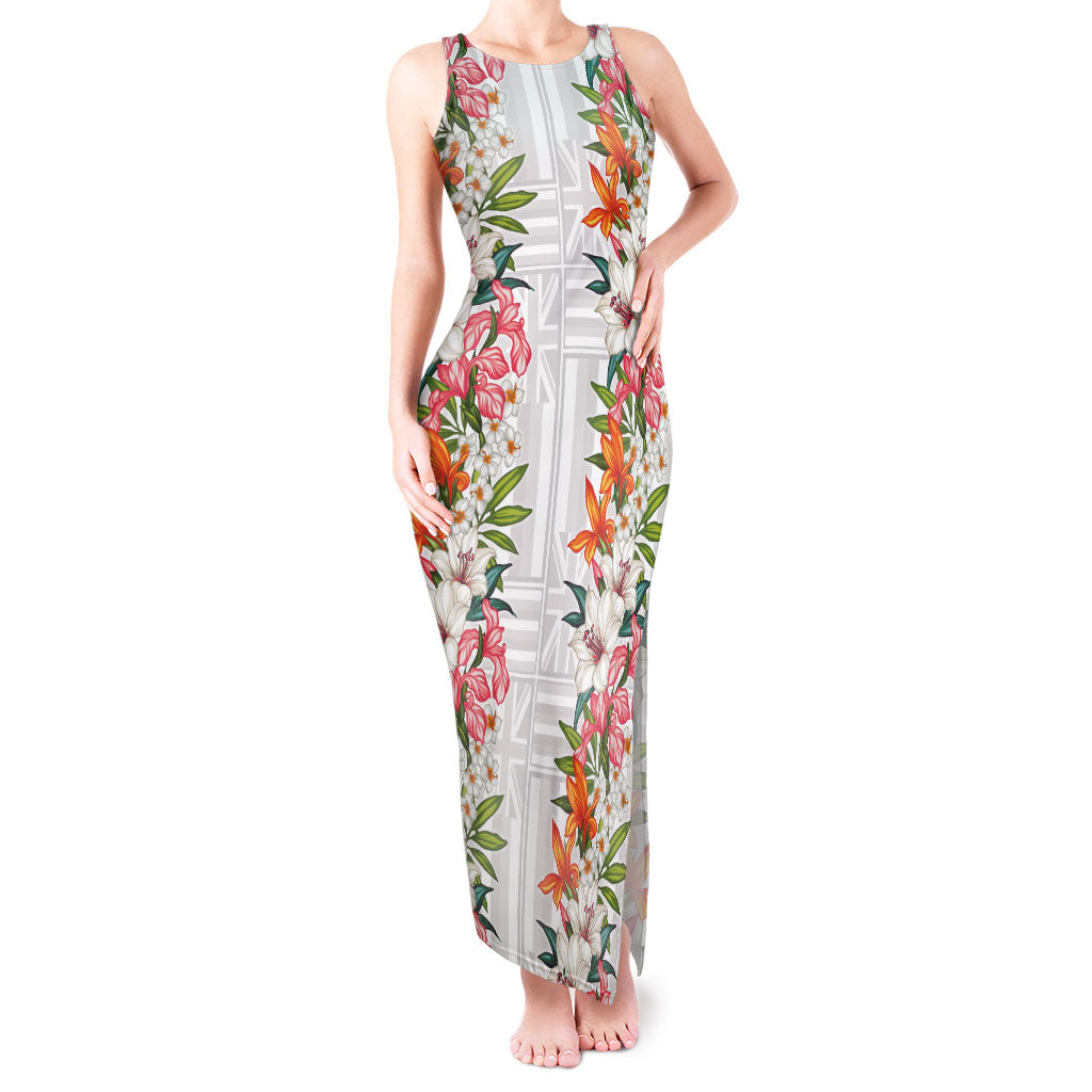 Hawaii Tropical Twist Lei Tank Maxi Dress Hawaiian Flag Motif LT9 Women White - Polynesian Pride