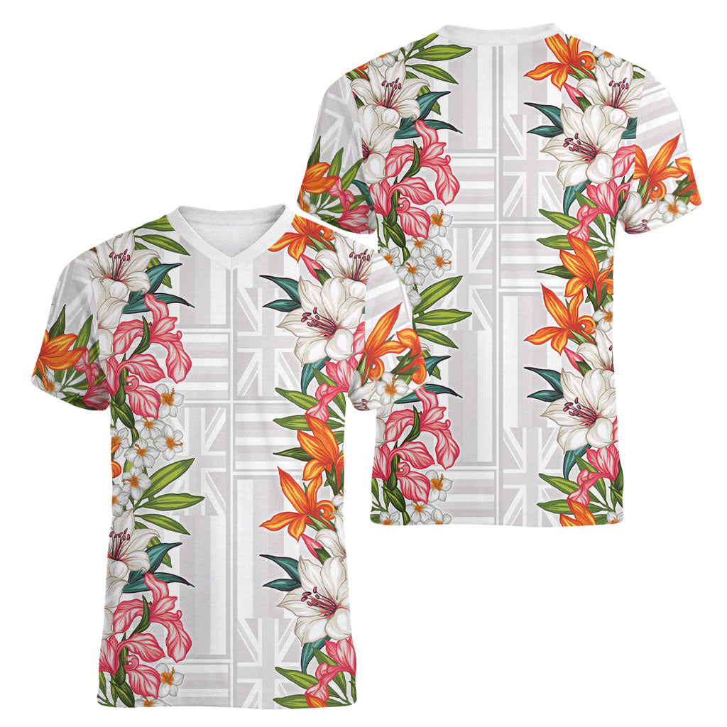 Hawaii Tropical Twist Lei Women V-Neck T-Shirt Hawaiian Flag Motif