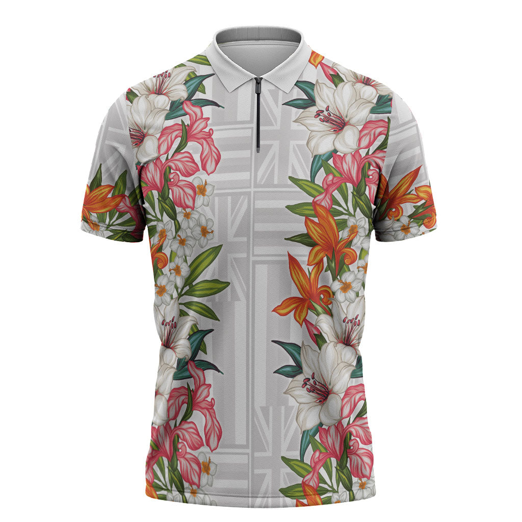 Hawaii Tropical Twist Lei Zipper Polo Shirt Hawaiian Flag Motif LT9 White - Polynesian Pride