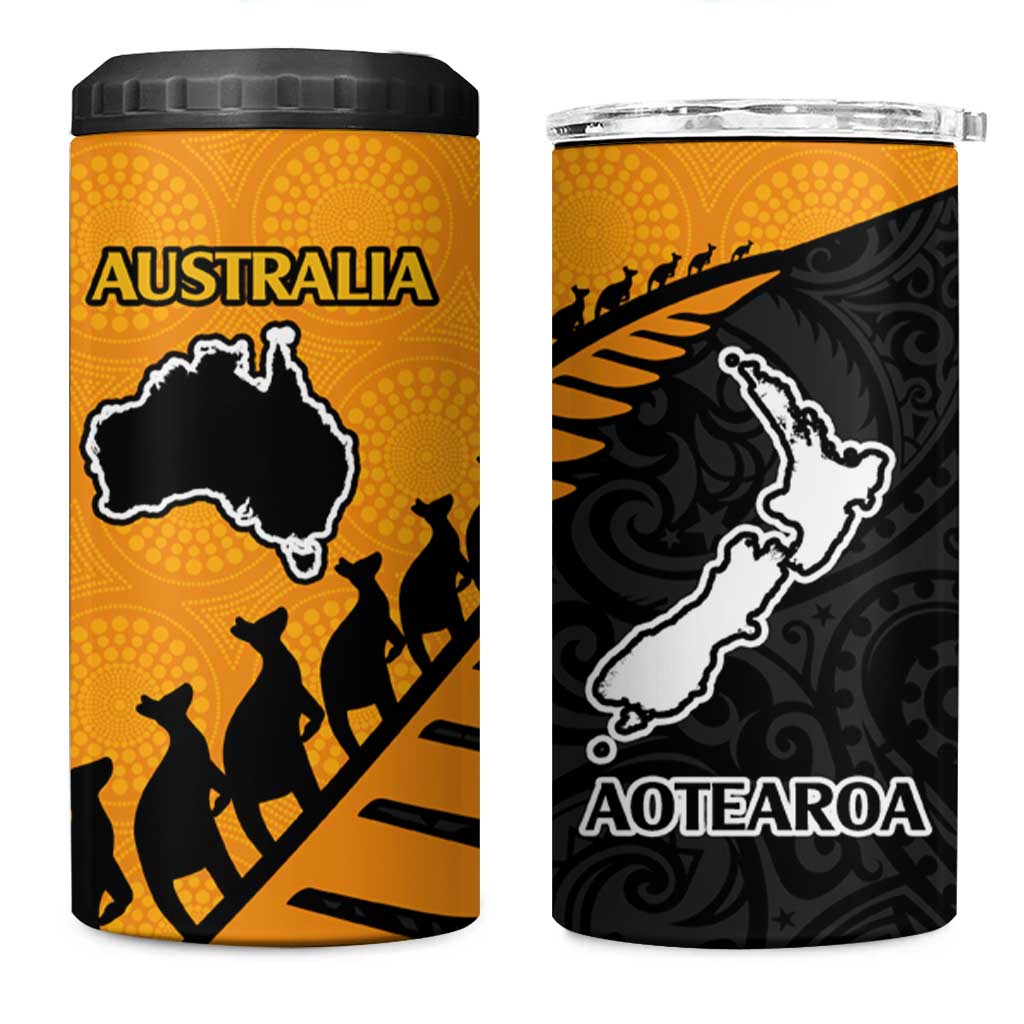 Australia New Zealand Rugby 4 in 1 Can Cooler Tumbler Aboriginal Wallabies and Maori Black Fern Gold Vibe