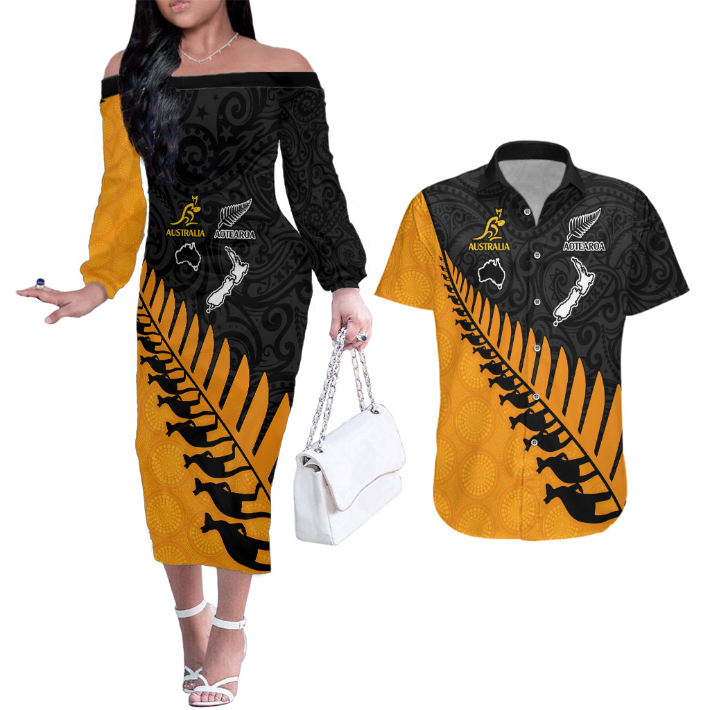 Australia Wallabies and Aotearoa Rugby Couples Matching Off The Shoulder Long Sleeve Dress and Hawaiian Shirt Kangaroo Black Fern Maori Gold Vibe LT9 Gold - Polynesian Pride