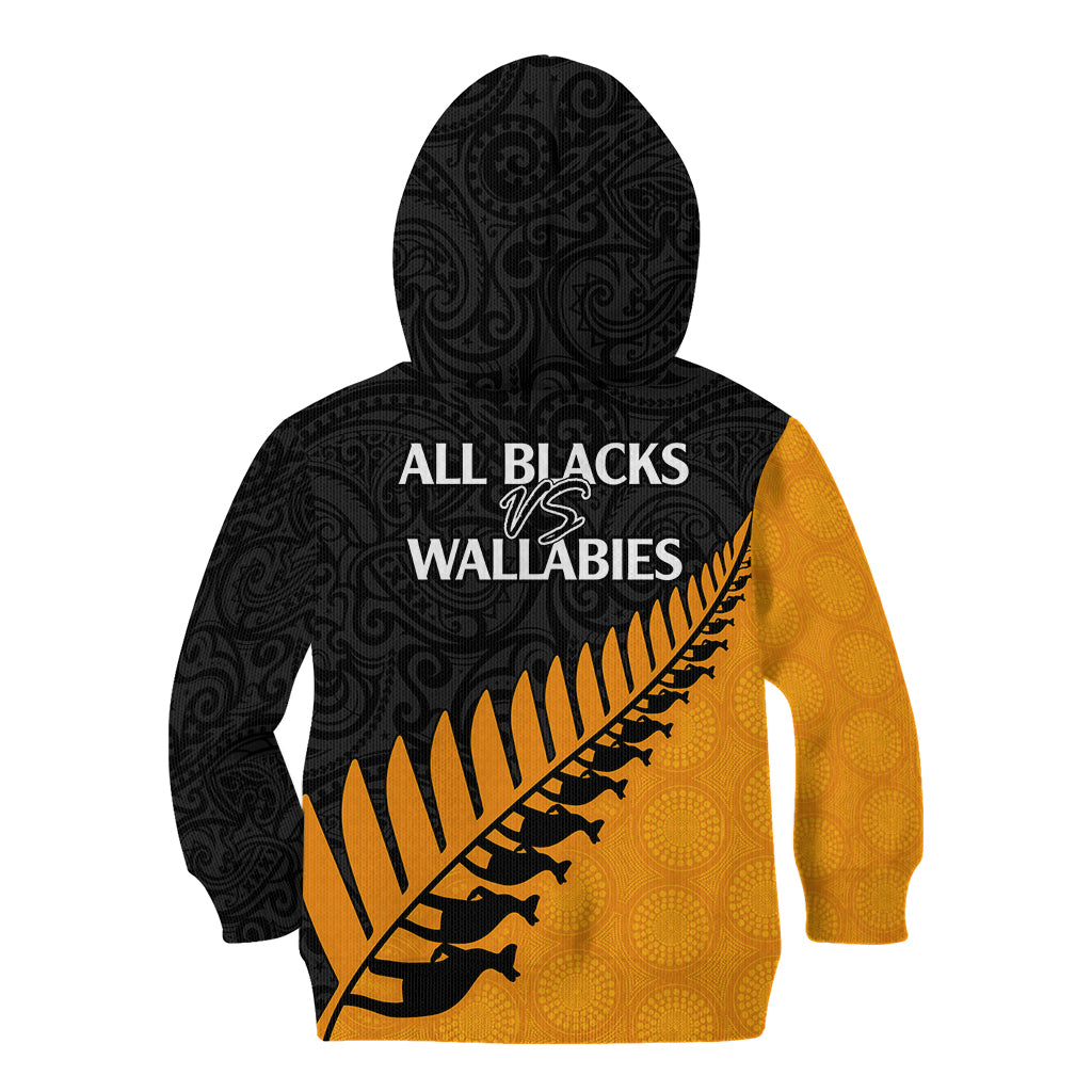 Australia Wallabies and Aotearoa Rugby Kid Hoodie Kangaroo Black Fern Maori Gold Vibe LT9 - Polynesian Pride