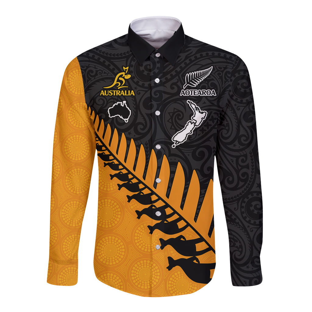 Australia Wallabies and Aotearoa Rugby Long Sleeve Button Shirt Kangaroo Black Fern Maori Gold Vibe LT9 Unisex Gold - Polynesian Pride