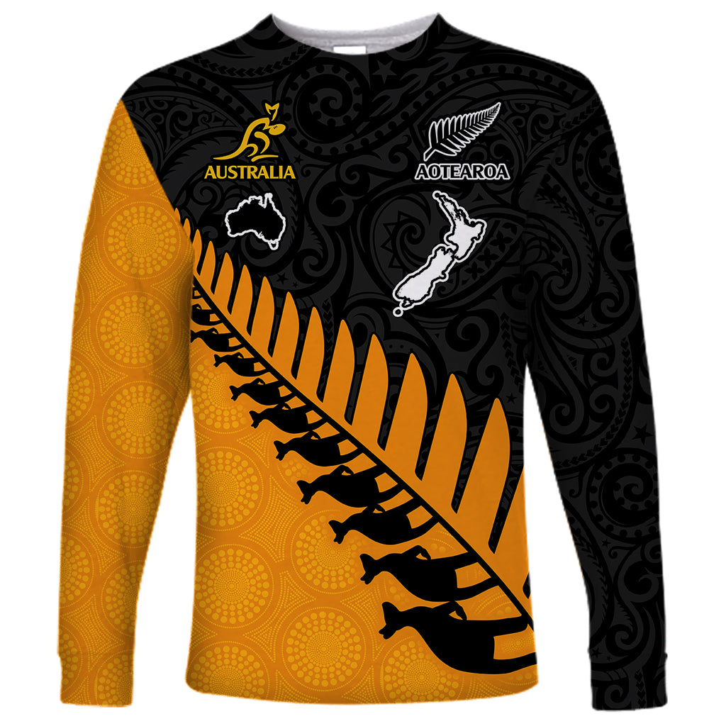 Australia Wallabies and Aotearoa Rugby Long Sleeve Shirt Kangaroo Black Fern Maori Gold Vibe LT9 Unisex Gold - Polynesian Pride