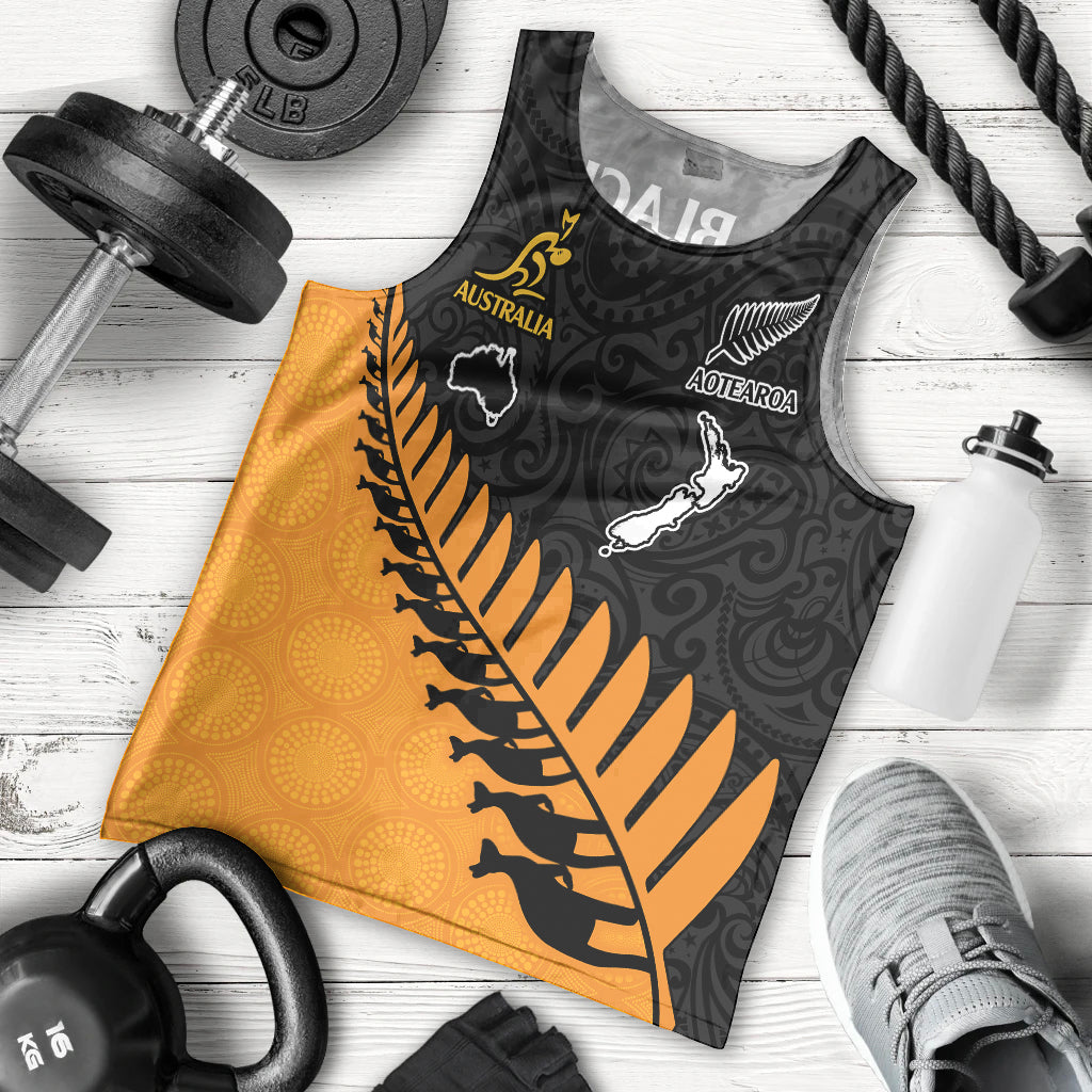 Australia Wallabies and Aotearoa Rugby Men Tank Top Kangaroo Black Fern Maori Gold Vibe LT9 Gold - Polynesian Pride