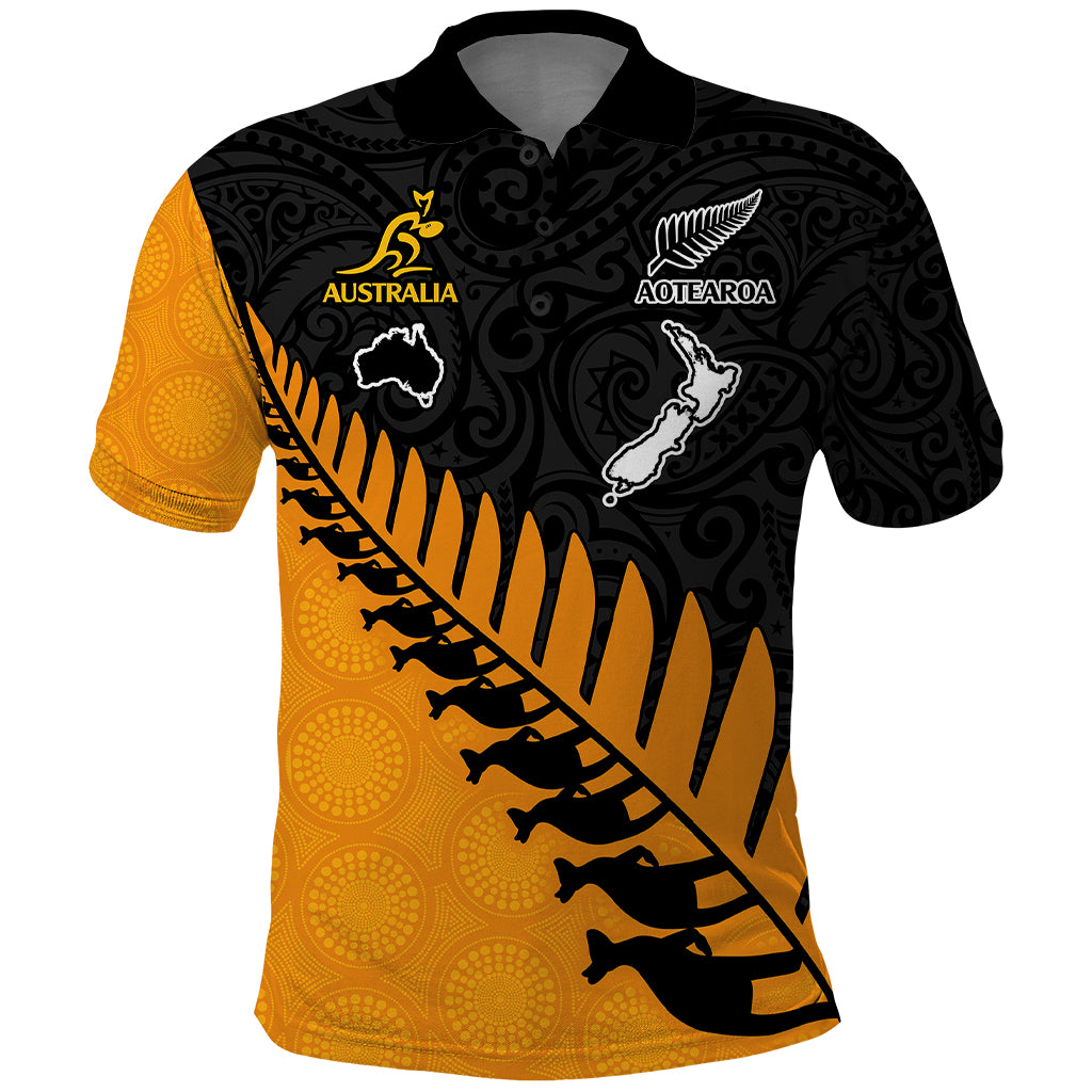 Australia New Zealand Rugby Polo Shirt Aboriginal Wallabies and Maori Black Fern Gold Vibe LT9 Gold - Polynesian Pride