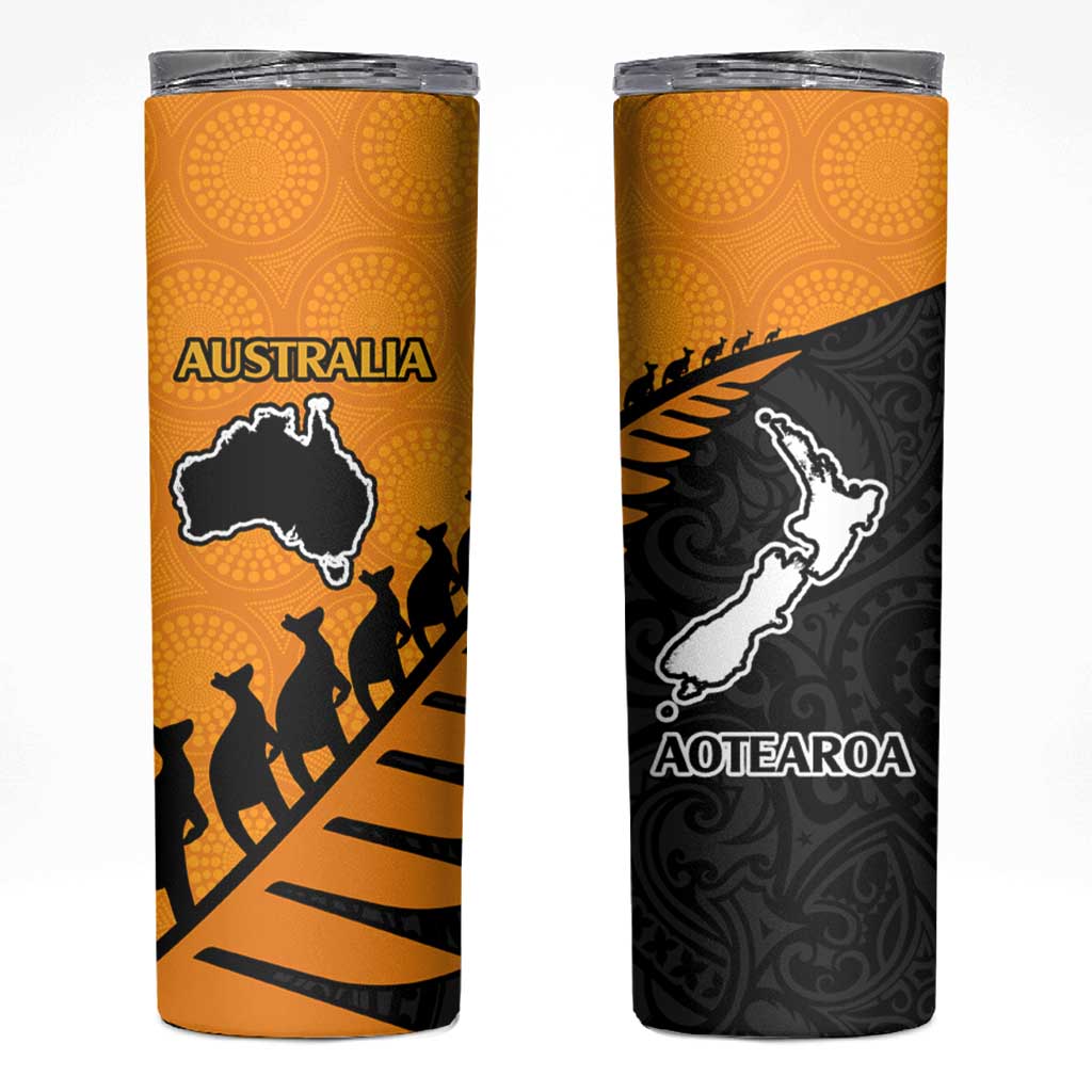 Australia New Zealand Rugby Skinny Tumbler Aboriginal Wallabies and Maori Black Fern Gold Vibe