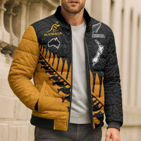 Australia New Zealand Rugby Bomber Puffer Jacket Gold Aboriginal Wallabies and Maori Black Fern - Polynesian Pride