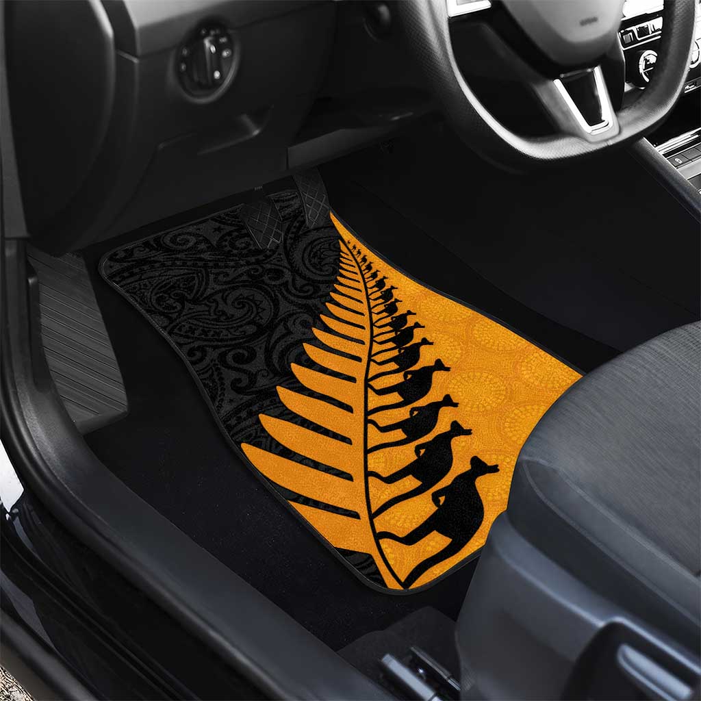 Australia New Zealand Rugby Car Mats Gold Aboriginal Wallabies and Maori Black Fern - Polynesian Pride