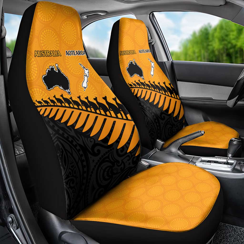 Australia New Zealand Rugby Car Seat Cover Gold Aboriginal Wallabies and Maori Black Fern - Polynesian Pride