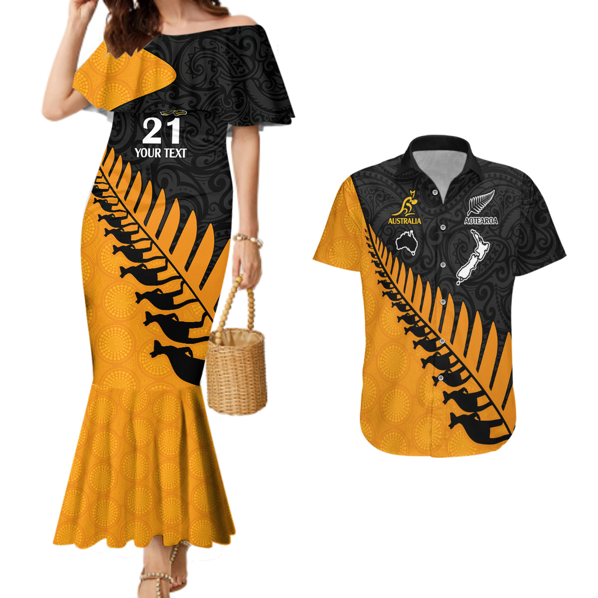 Custom Australia Wallabies and Aotearoa Rugby Couples Matching Mermaid Dress And Hawaiian Shirt Kangaroo Black Fern Maori Gold Vibe LT9 Gold - Polynesian Pride