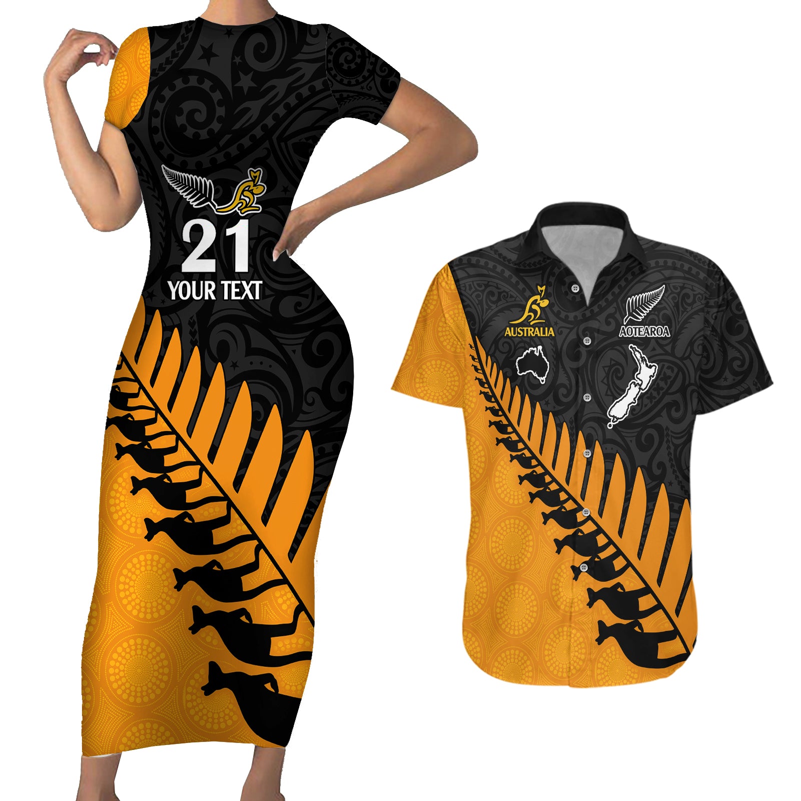 Custom Australia Wallabies and Aotearoa Rugby Couples Matching Short Sleeve Bodycon Dress and Hawaiian Shirt Kangaroo Black Fern Maori Gold Vibe LT9 Gold - Polynesian Pride