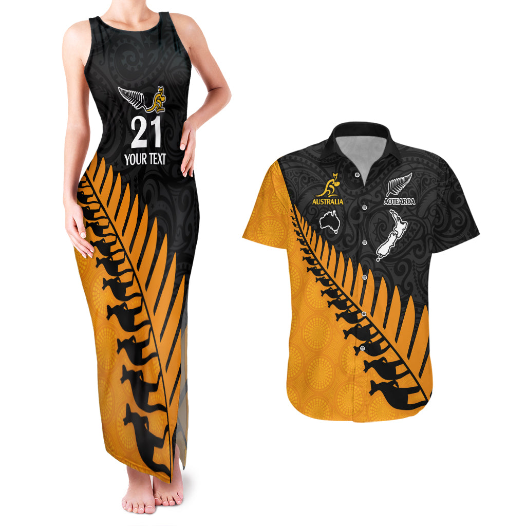 Custom Australia Wallabies and Aotearoa Rugby Couples Matching Tank Maxi Dress And Hawaiian Shirt Kangaroo Black Fern Maori Gold Vibe LT9 Gold - Polynesian Pride