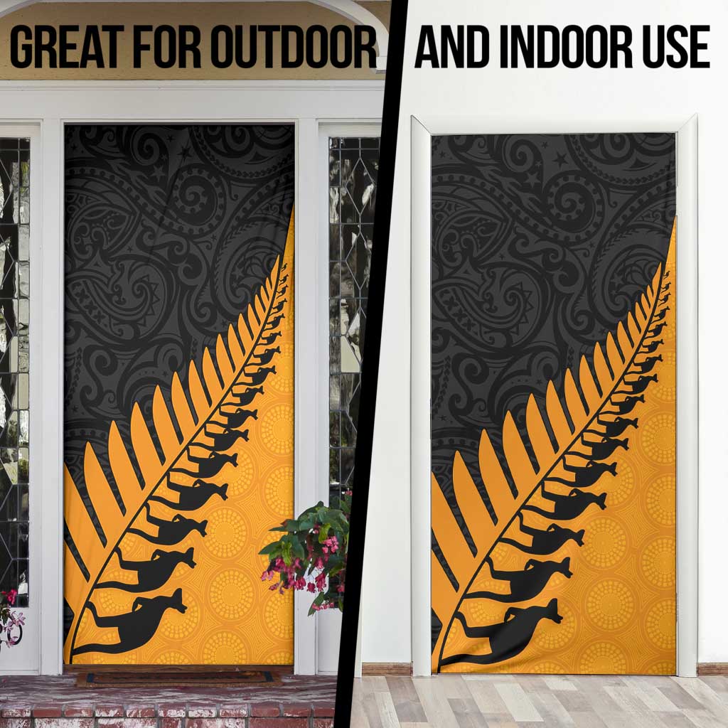 Australia New Zealand Rugby Door Cover Gold Aboriginal Wallabies and Maori Black Fern - Polynesian Pride