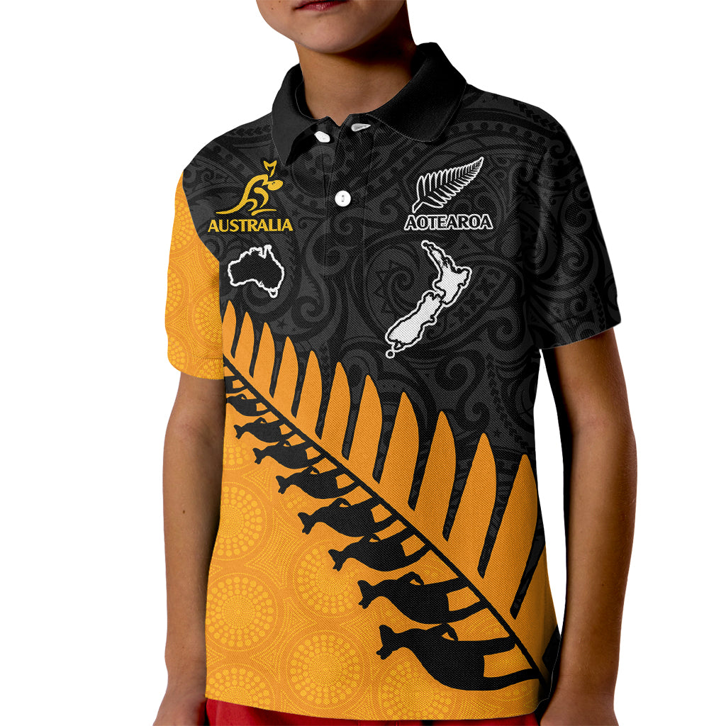 Custom Australia Wallabies and Aotearoa Rugby Kid Polo Shirt Kangaroo Black Fern Maori Gold Vibe LT9 Kid Gold - Polynesian Pride