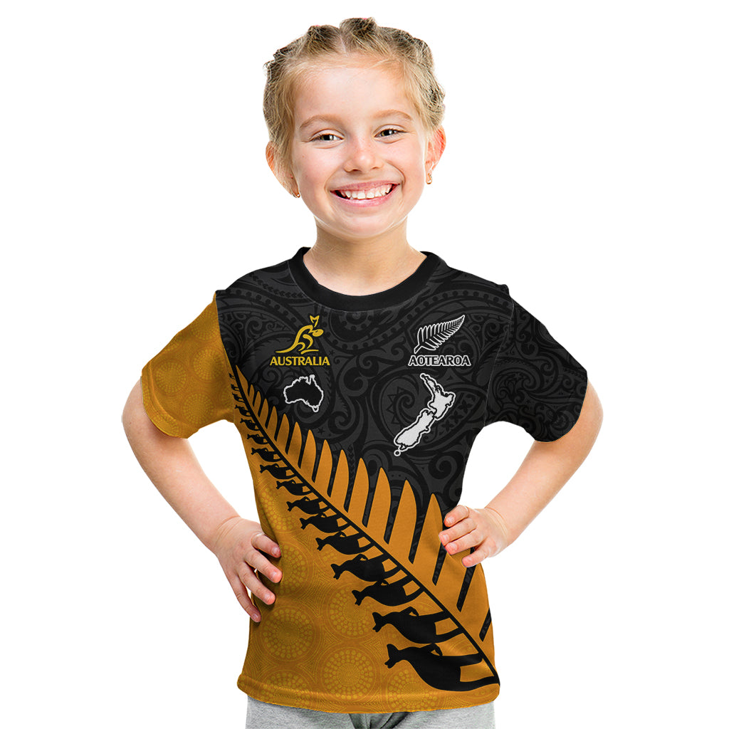 Custom Australia Wallabies and Aotearoa Rugby Kid T Shirt Kangaroo Black Fern Maori Gold Vibe LT9 Gold - Polynesian Pride