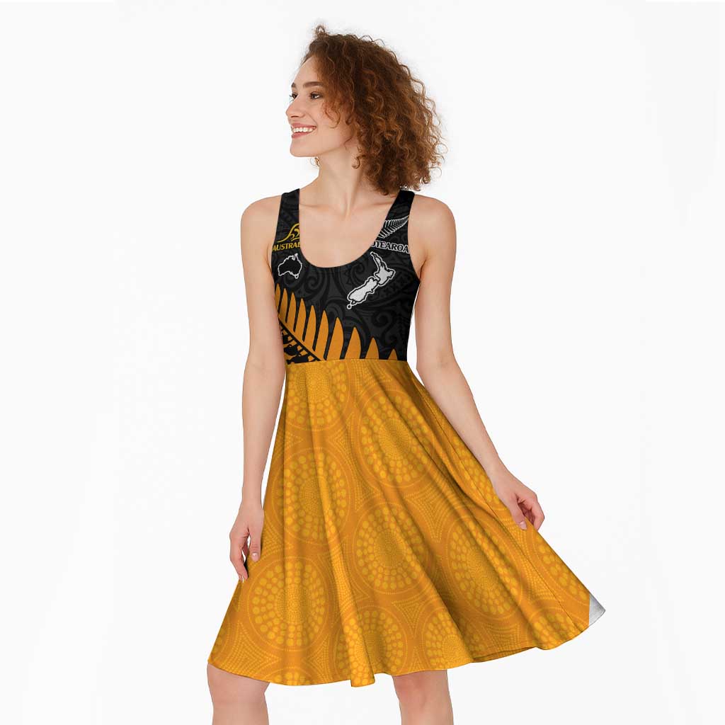 Australia New Zealand Rugby Midi Dress Gold Aboriginal Wallabies and Maori Black Fern - Polynesian Pride